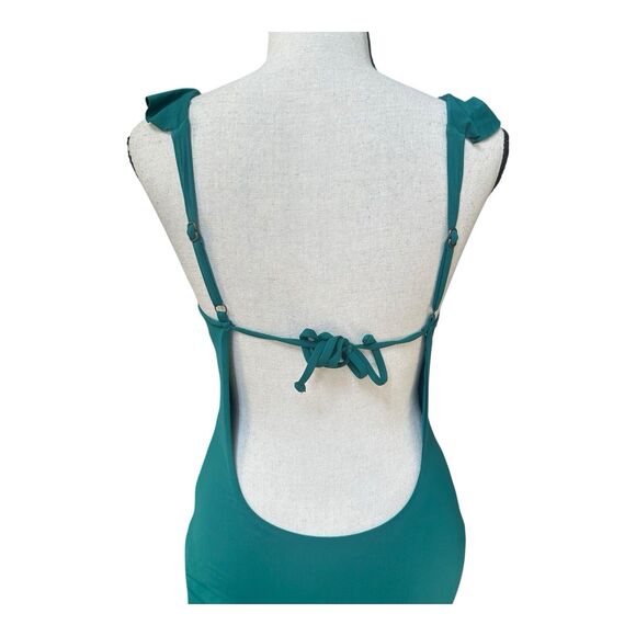 Becca Teal One Piece Swimsuit M Deep V Ruffle Front & Open Back Adjustable Tie - Picture 3 of 7